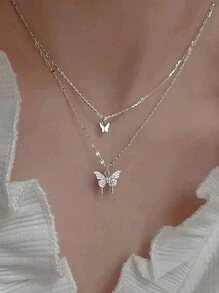 1件精致女士珠宝，新潮流S925银双层蝴蝶吊坠项链，简约清新风格，INS锁骨链，送给女朋友生日的完美礼物 - 銀色 - 查看 13