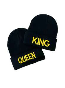 2pcs Black Unisex Knitted Hat With 'queen' And 'king' Embroidery, Ear Protection, Winter Street
