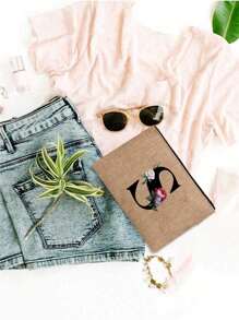 Initial Floral Printed Linen Zipper Bag With Coin Purse Makeup Bag Teacher Appreciation Gift Birthday Gift Travel Storage Bag: The Perfect Choice For Outdoor Beauty! It Is A Gift Mothers Teachers Friends Bridesmaids Valentine's Day Gifts Students Returning To School Teachers Suitable Daily Use Birthdays Holidays Vacations Beaches Travel Commuting Business Picnics Camping Supermarkets Daily Storage For Women Wallet Mini Wallet Purse Wallet Coin Wallet - Khaki - View 3