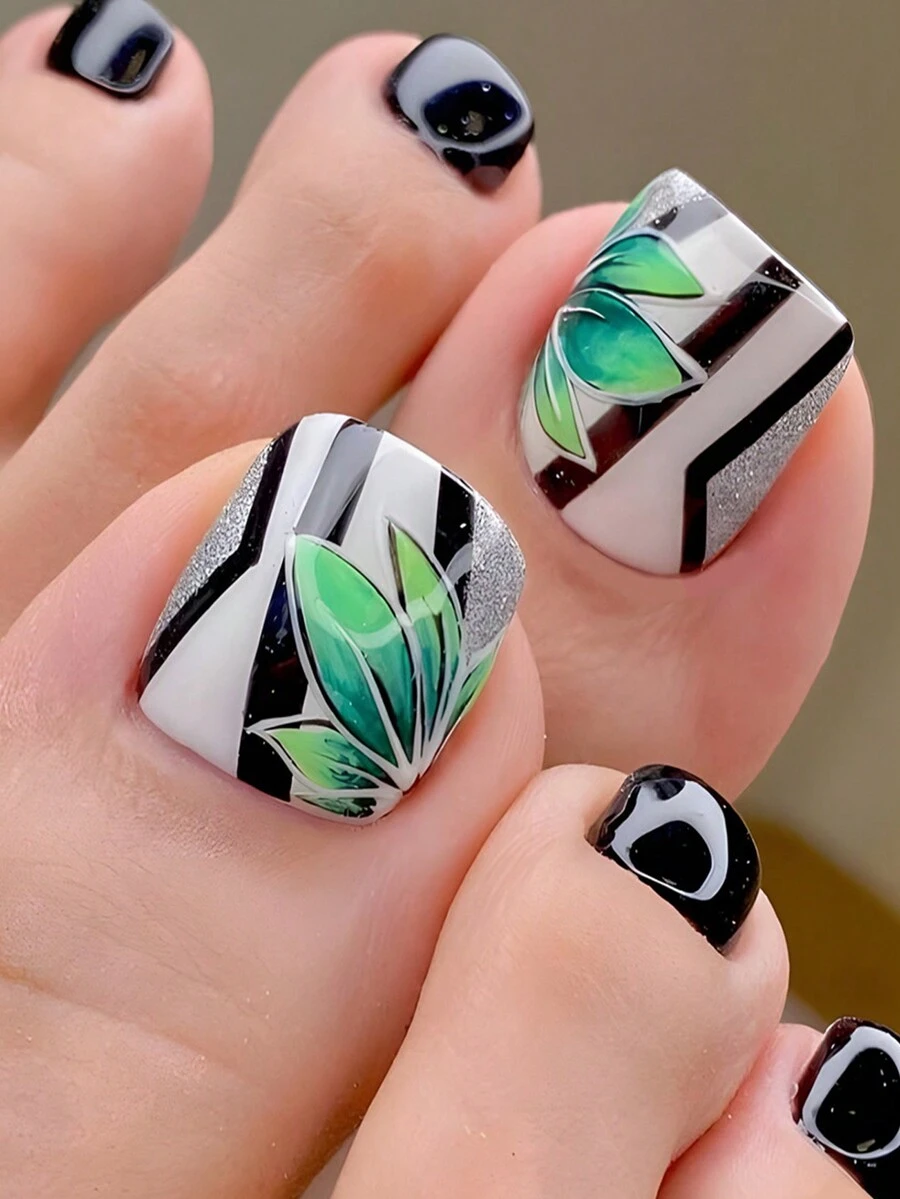 24pcs Short Square Toe Nail Wraps, Black And White, Green Plant And