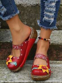 Giày Wedge Mule Nữ, Dép Xăng Đan Họa Tiết Hoa Cut-Out, Giày Slip On - Đỏ - Xem 2