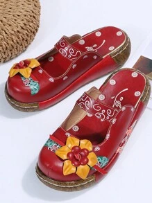 Giày Wedge Mule Nữ, Dép Xăng Đan Họa Tiết Hoa Cut-Out, Giày Slip On - Đỏ - Xem 4