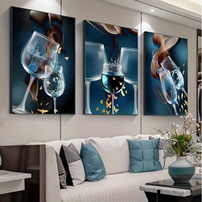 Set Of 3 Unframed Canvas Posters, Modern Abstract Blue Wineglass Wine Wall Art Canvas Painting Prints For Dining Room, Living Room, Bedroom, Kitchen, Office, Home Decor, Waterproof Gifts Birthday Graduation Room Decor