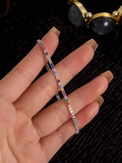 Flyleaf 1入華麗925純銀閃亮鍍銀多彩立體方形氧化鋯石手鍊女士款，適合派對及日常穿搭，高品質珠寶