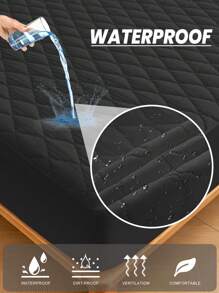 1pc Water Resistant Bed Sheets, Bedding, Fitted Sheet, Mattress Cover, Soft And Comfortable Bedding For Bedroom, Solid Color Waterproof Bed Cover, Rhombus Pattern Embossed Mattress Protector, Deep Pocket, For Single/Twin/Full Bed Sizes, For Bedroom, Guest Room, Hotel, Dustproof Bedspread, Dustproof Non-Slip, Pillow And Pillowcase Not Included, Cozy Home Textile, Perfect Holiday Gift, Black