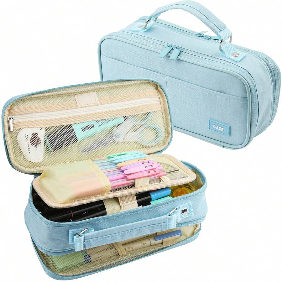 Dual Side Pencil Case Large Capacity Pencil Case Organizer; Double Zipper Storage Bag; Big Pencil Pouch - Xanh nhạt - Xem 1