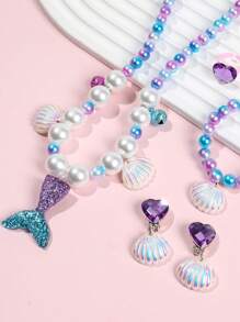 1套美人鱼尾巴仿珍珠吊坠项链、手链、戒指和耳环套装，完美搭配美人鱼派对和服装！美人鱼派对主题小礼物，派对小礼物 - 彩色 - 查看 3