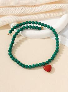 時尚女士頸鍊,粉色愛心和綠色珠子,可愛的樹脂頸鍊,適用於波西米亞假期、節日、生日、紀念日禮物 - 綠色 - 查看 13