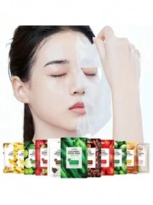 MOOYAM Mascarilla de frutas iluminadora de 11piezas, colección de frutas frescas, mascarilla facial de fresa, rosa, cúrcuma, mantequilla de mango, coco, tomate, lima, pepino, café y miel, hidratante, humectante, antienvejecimiento, iluminadora y calmante, receta coreana de mascarilla facial para mujeres y hombres, cuidado de la piel y cuidado facial