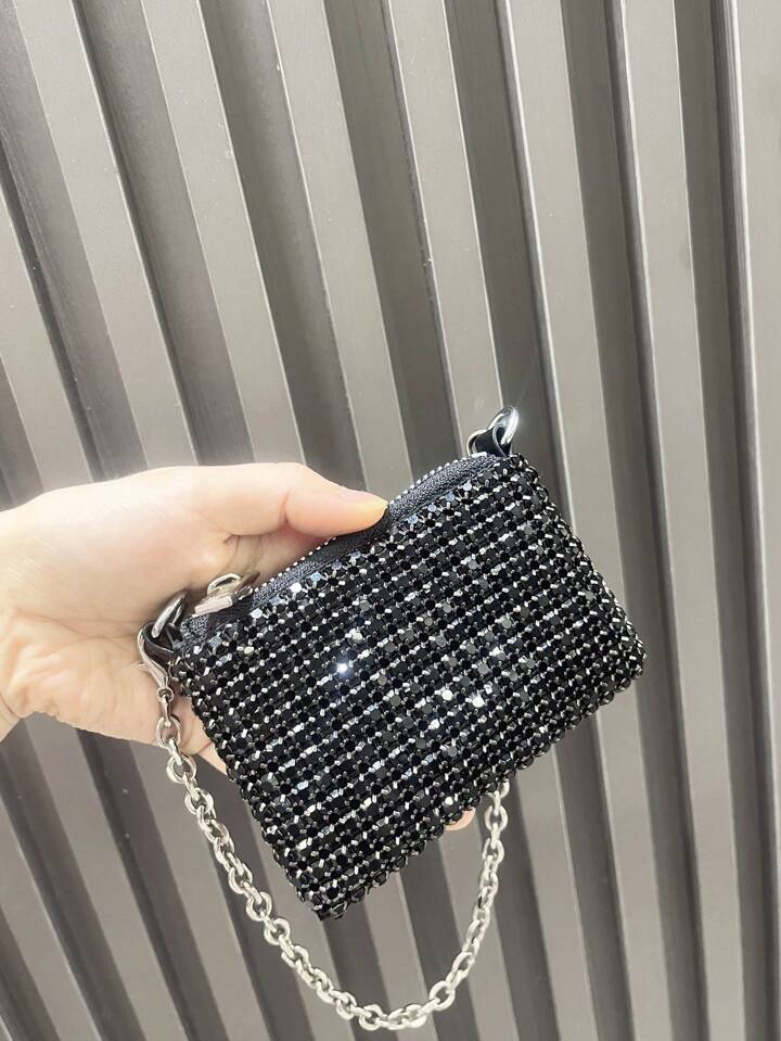 Sparkly Rhinestone Mini Coin Purse Handmade Hard Wallet With Short Chain Strap SHEIN