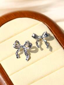1 Pair Stainless Steel Bowknot Ribbon Stud Earrings, Suitable For Women's Daily Wear, Jewelry Gift
