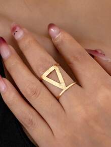 1 pieza Anillo abierto de moda con textura de metal triangular geométrico para mujer, adecuado para uso diario - Amarillo Oro - Ver 8