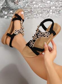 女士激光切割花瓣腳踝帶腳趾環涼鞋，鑲嵌鑽石，多功能波西米亞風格沙灘平底涼鞋 - 黑色 - 查看 2