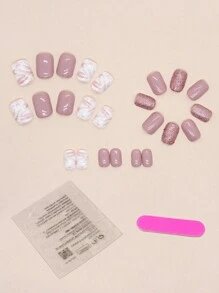 24入組短款方形極簡風格假指甲，附磨光條和果凍膠壓片式指甲，美甲用品 - 彩色 - 查看 3