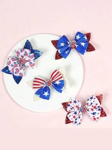 2 件随机款式新款儿童美国蝴蝶结发夹，美国独立日装饰性鳄鱼发夹带亮片，闪光双层燕尾夹，适合日常佩戴、摄影和送礼 - 彩色 - 查看 3