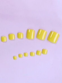 24片装 - 黄色短方形哑光亚克力按压式脚趾甲，自然色 - 纯色亚克力脚趾甲片，无缝粘合，包含1个指甲锉和1套指甲胶水，适合女孩、妈妈、女士，美白美甲套装，可拆卸假脚趾甲，适合节日、派对、约会和日常佩戴 - 黃色 - 查看 3