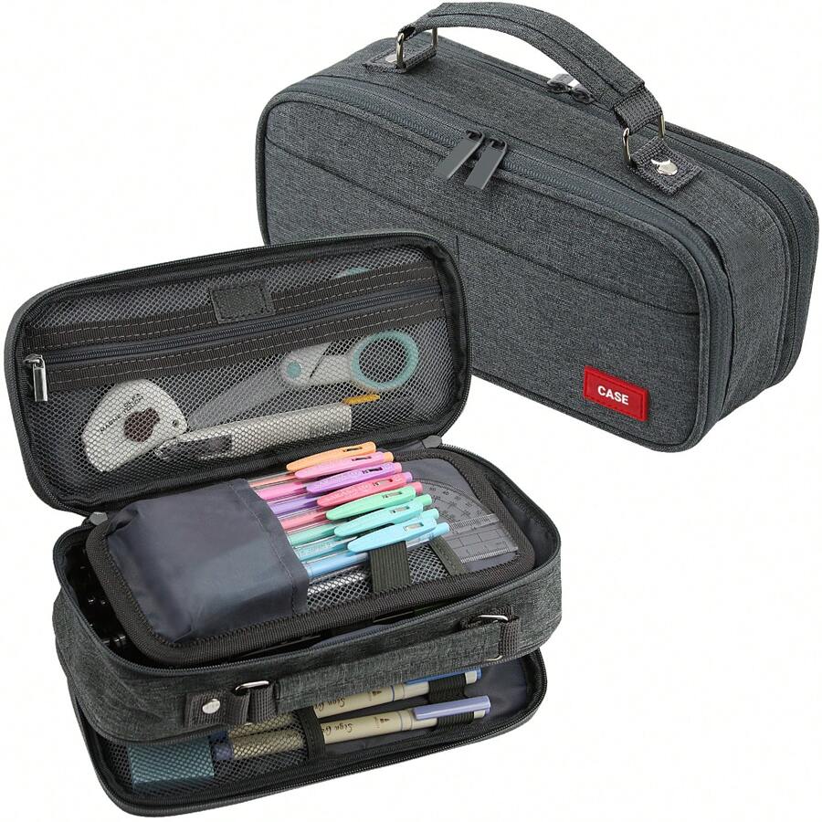 Dual Side Pencil Case Large Capacity Pencil Case Organizer; Double Zipper Storage Bag; Big Pencil Pouch - Black Grey - View 1