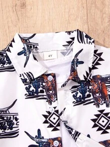 男童西式休閒牛頭印花短袖襯衫，適合度假、派對和旅行