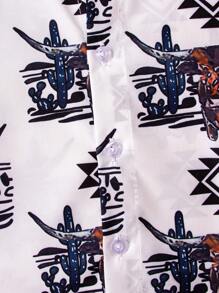 男童西式休閒牛頭印花短袖襯衫，適合度假、派對和旅行