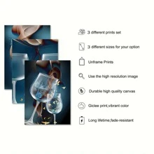 3 套无框帆布海报，现代抽象蓝色酒杯葡萄酒墙艺术帆布画印刷品，适用于餐厅、客厅、卧室、厨房、办公室、家居装饰，防水 - 藍色 - 查看 9