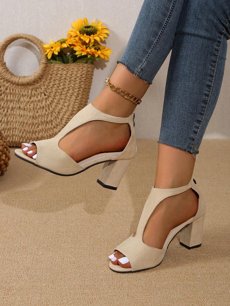Women's High Heeled Peep-Toe Sandals, New Summer Style Elegant Open Toe Ankle Zipper Casual Shoes With Chunky Heel Valentines - Apricot - View 1