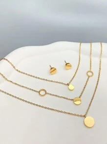 Women's Gold Layered Stainless Steel Necklace 18k Gold-Plated Exquisite Smooth Round Gold Coin Earrings Fashionable Layered Heart Cute Pendant Necklace Set Of Women's Ear Studs Gold Jewelry, For Valentine's Day, Wedding Season, Anniversaries, Mother's Day, Gifts For Family And Friends