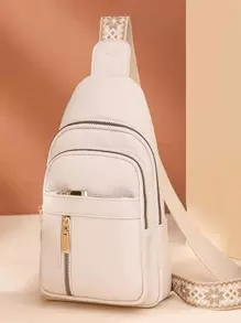 2024 New Fashion Classic Solid Color Waterproof PU Fabric Multi-Pocket Woven Strap Crossbody Chest Bag, Suitable For Shopping - White - View 5