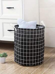1pc Round Checkered Cloth Laundry Basket, Waterproof Storage Bin, Dirty Clothes Hamper, Storage Bucket - Black - View 1