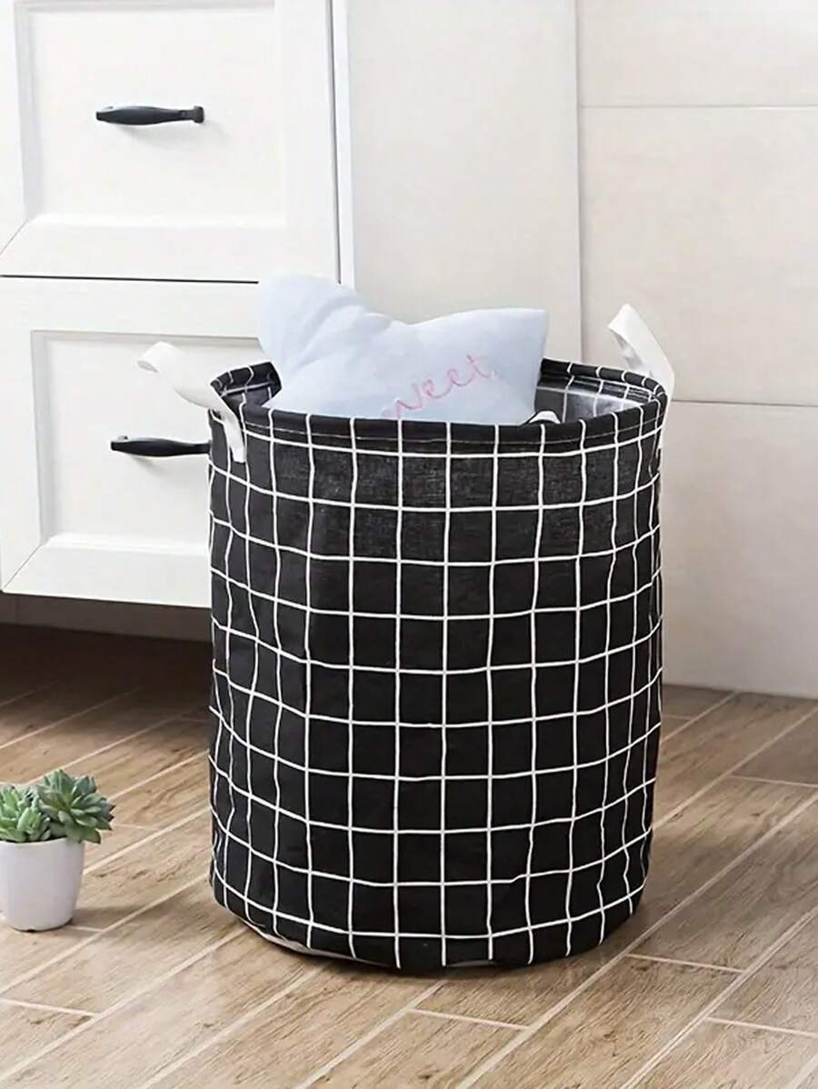 1pc Round Checkered Cloth Laundry Basket, Waterproof Storage Bin, Dirty Clothes Hamper, Storage Bucket - Black - View 1