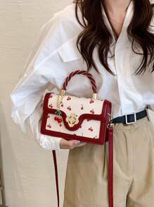Fashionable High-End Ladies Square-Shaped PU Handbag, Multifunctional Cute Cherry Printed Shoulder Bag, Suitable For Shopping, Dating, Crossbody Bag For Girls, Kawaii Cherry Elements Valentines