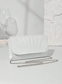 Women Simple Classic Pleated Design Satin Clutch Bag, Elegant Evening Bag For Prom, Romantic Wedding, Party, Formal Event, With Chain Strap, Essential Wedding Items,Perfectly Matching With Graduation Dress, Prom Dresses, Perfectly Matching With Bridal Party, Best Choice Elegant Bag For Bridal Shower, Clutch Bag For Wedding - White - View 3