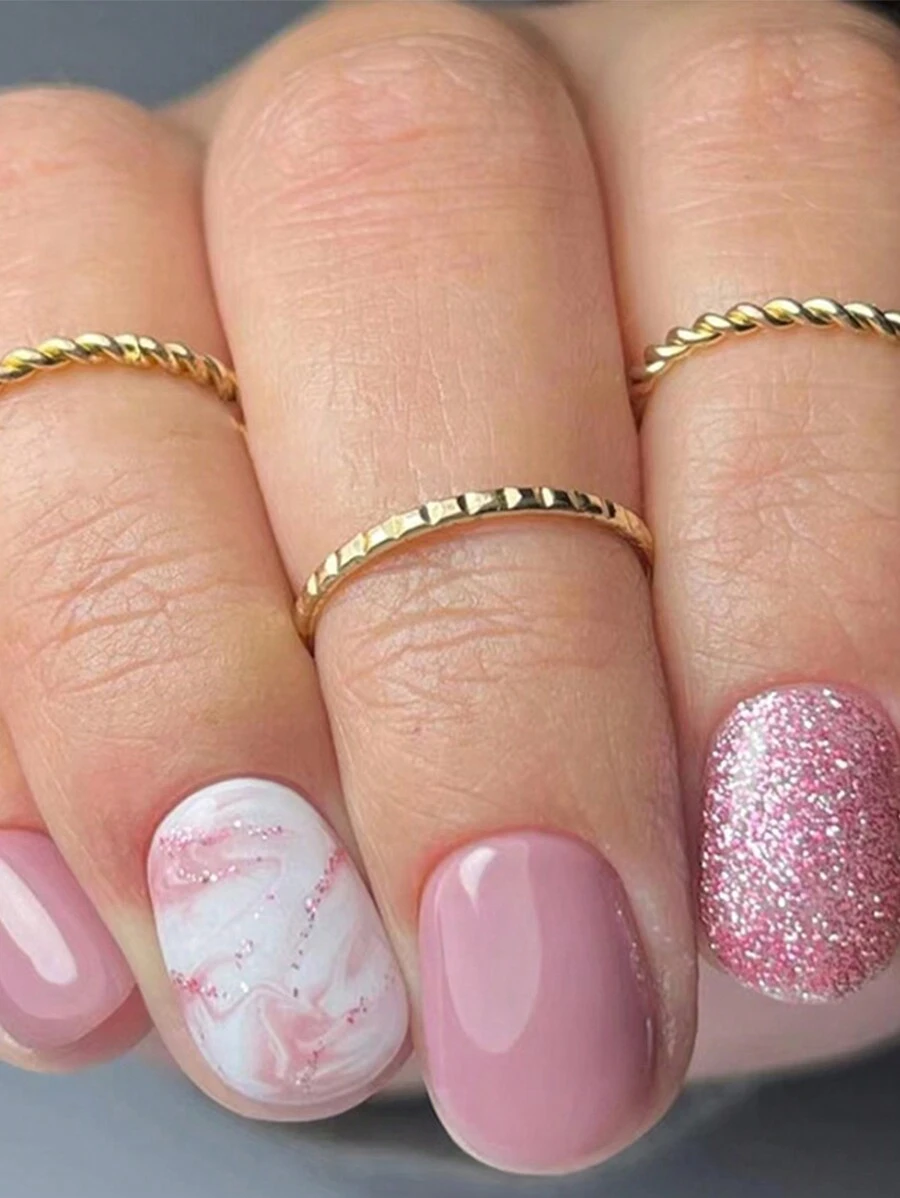 24入組短款方形極簡風格假指甲，附磨光條和果凍膠壓片式指甲，美甲用品 - 彩色 - 查看 1