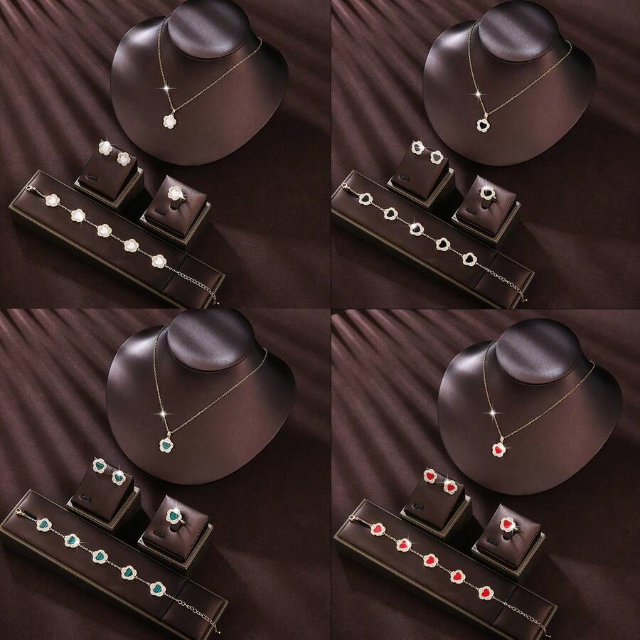 5入組珠寶套裝，歐美風格微鑲立方氧化鋯心形與花形耳環、項鍊、戒指、手鏈套裝，日韓設計幸運五瓣花極簡優雅配件，適於女性婚禮、派對，送女友和摯友禮物 - 套裝珠寶首飾 - 查看 1