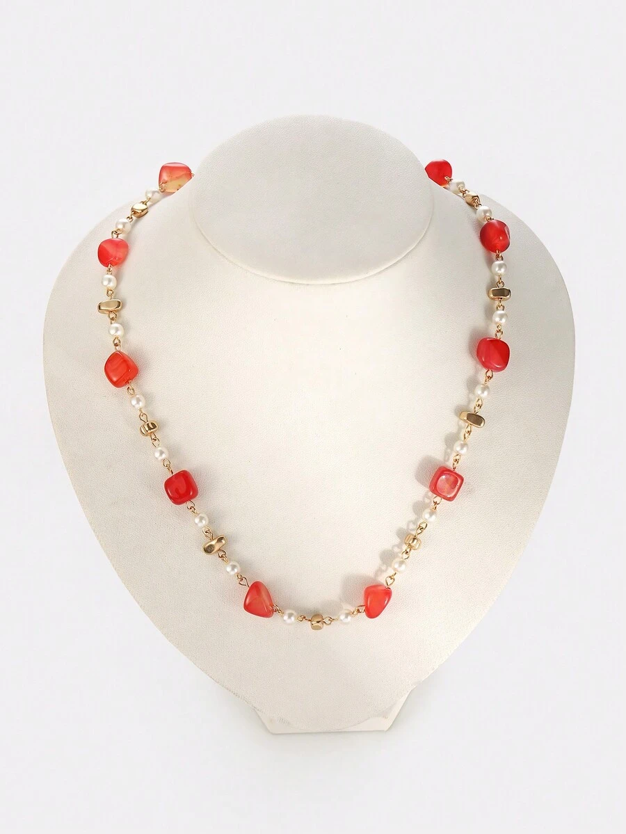 1pc Fashionable Minimalist Natural Stone Handmade DIY Necklace - Red - View 1