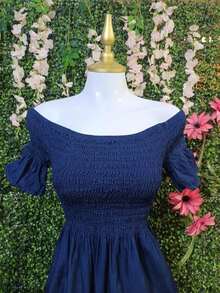 Dress With Short Spring Sleeves On The Long Bust - 深色水洗藍 - 查看 3
