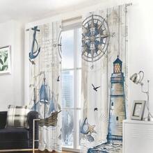 2 Chiếc Thuyền Buồm Đại Dương Xanh Ngọn Hải Đăng Rèm Kỹ Thuật Số In La Bàn, Thanh Lắp Bỏ Túi, Chất Liệu Polyester, Cho Phòng Khách, Phòng Ngủ, Nhà Bếp, Phòng Tắm, Trang Trí Nhà Cửa - Xanh và trắng - Xem 2