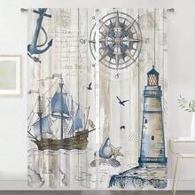 2 Chiếc Thuyền Buồm Đại Dương Xanh Ngọn Hải Đăng Rèm Kỹ Thuật Số In La Bàn, Thanh Lắp Bỏ Túi, Chất Liệu Polyester, Cho Phòng Khách, Phòng Ngủ, Nhà Bếp, Phòng Tắm, Trang Trí Nhà Cửa - Xanh và trắng - Xem 1