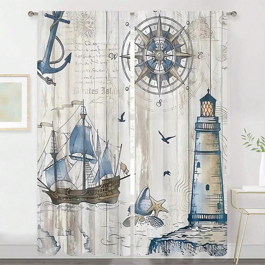 2 Chiếc Thuyền Buồm Đại Dương Xanh Ngọn Hải Đăng Rèm Kỹ Thuật Số In La Bàn, Thanh Lắp Bỏ Túi, Chất Liệu Polyester, Cho Phòng Khách, Phòng Ngủ, Nhà Bếp, Phòng Tắm, Trang Trí Nhà Cửa - Xanh và trắng - Xem 1