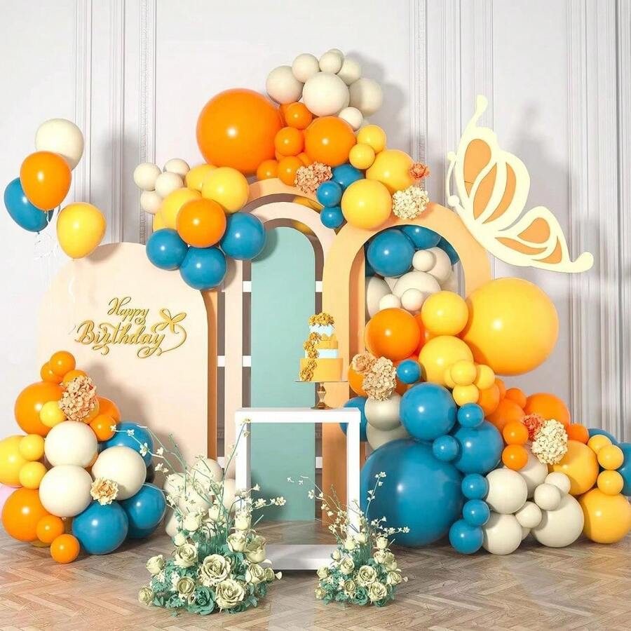 Kit de Arco de Balão Azul Amarelo Laranja com 126 peças, perfeito para festa de inauguração, decoração de festa de aniversário e escolar e ambientação de cenário. - multicolorido - Visão 1