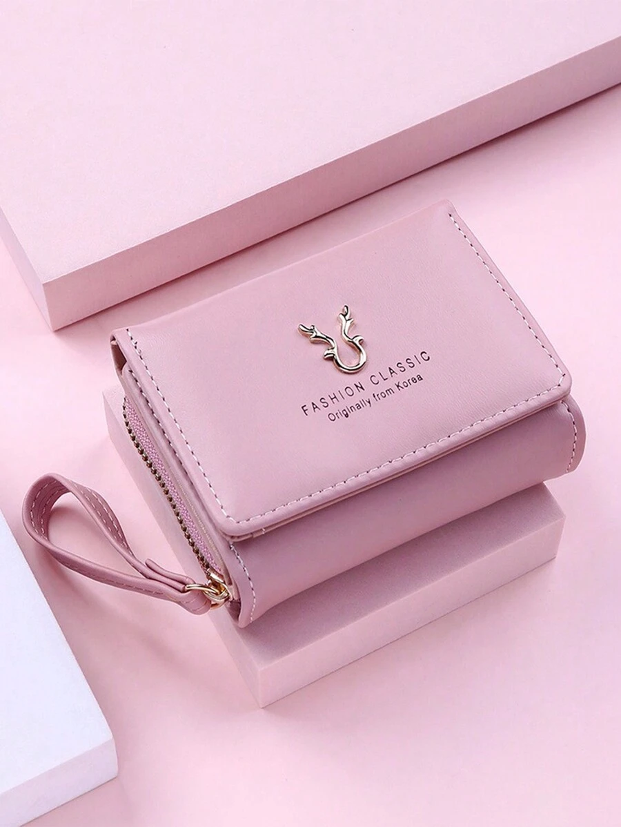 New Women's Short Pink Deer Horn Wallet Mini Zipper Coin Cartoon Tri-Fold Snap Card Holder For Women Wallet Purse Wallet Small Wallet - Pink - View 1