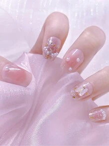 24 peças Adesivos de unha postiça de formato quadrado/redondo curto e super curto, cor rosa desbotada gradiente, decorações de pérolas, borboletas e strass, conjunto de cola de geléia e ferramenta de desmontagem para DIY doméstico, conjunto de lima de unha em forma de ballet para mulheres, adesivo de unha postiça usável em meia unha de brilho total cobertura, reutilizável e fácil de usar e remover para mulheres e meninas que usam unhas postiças diariamente, suprimentos de unhas de pressão de unhas - Rosa Bebê - Visão 1