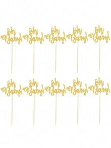 6pcs/Pack "Oh Baby" Cake Toppers For Baby Shower, Birthday Party Decorations, Cake Decorbaby Shower Family Decorations Gifts - Gold - View 4