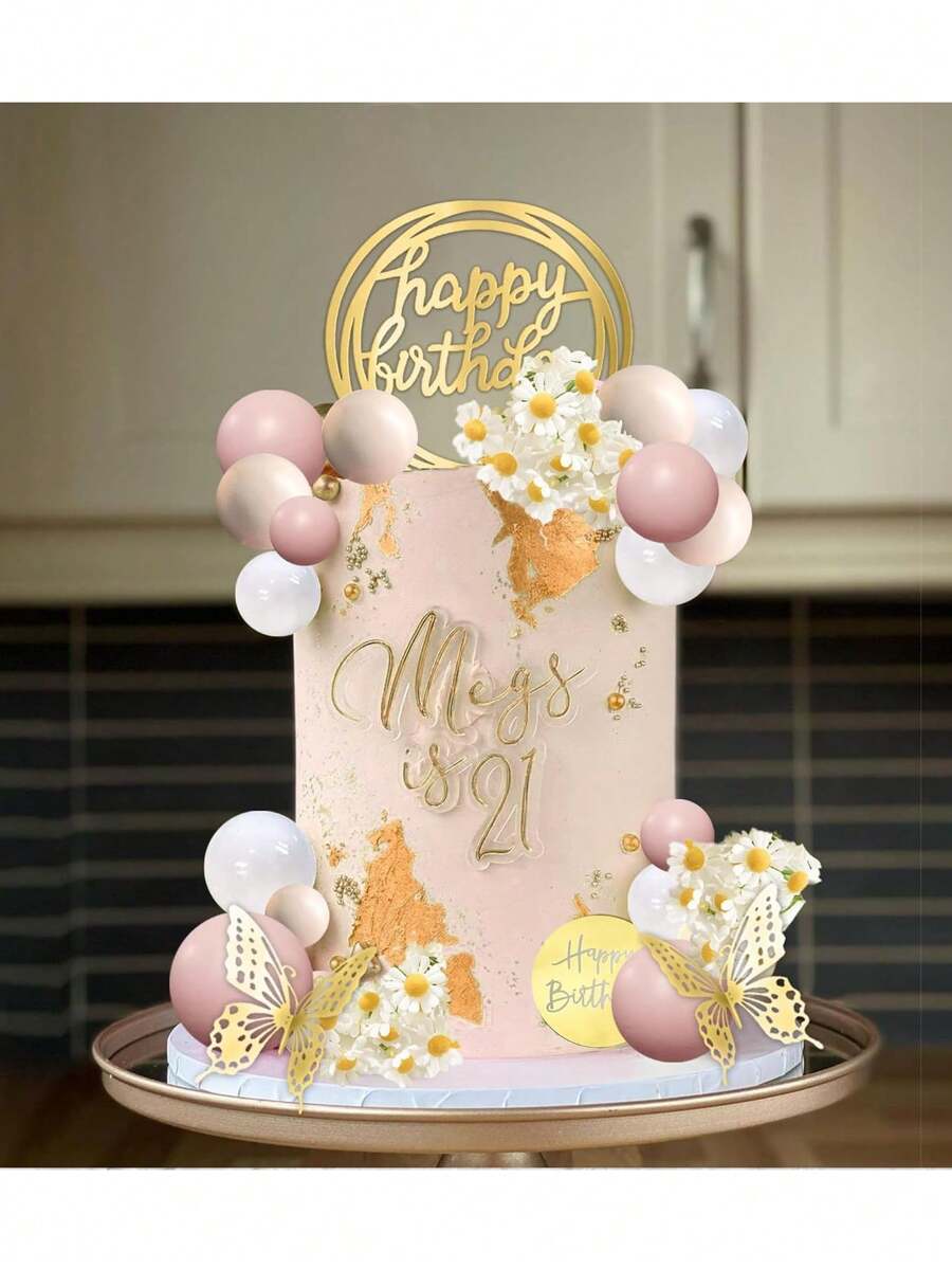 36 piezas Toppers de pastel en forma de bola rosa claro y blanco, mariposas doradas, Toppers de pastel de acrílico 'Feliz cumpleaños', flores margaritas artificiales, suministros para fiesta temática de flores margaritas, para bodas, bautizos, cumpleaños, Día de la Madre y despedidas de soltera. (Rosa) - oro rosado - Ver 1