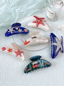 1pc Acetate Creative Dreamy Bohemian Style Ocean Elements Seashell Starfish Fish Rhinestone 3D Cute Sweet Mermaid Semicircle Large Hair Claw Clip Hairpin, High-End Hair Accessory - Multicolor - View 2