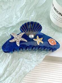 1pc Acetate Creative Dreamy Bohemian Style Ocean Elements Seashell Starfish Fish Rhinestone 3D Cute Sweet Mermaid Semicircle Large Hair Claw Clip Hairpin, High-End Hair Accessory - Multicolor - View 7