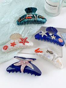 1pc Acetate Creative Dreamy Bohemian Style Ocean Elements Seashell Starfish Fish Rhinestone 3D Cute Sweet Mermaid Semicircle Large Hair Claw Clip Hairpin, High-End Hair Accessory - Multicolor - View 10