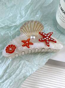 1pc Acetate Creative Dreamy Bohemian Style Ocean Elements Seashell Starfish Fish Rhinestone 3D Cute Sweet Mermaid Semicircle Large Hair Claw Clip Hairpin, High-End Hair Accessory - Multicolor - View 5