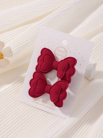 2pcs Solid Color Double-Layered Bow Hair Clip, Full-Covered Baby Hair Clip Love Valentine