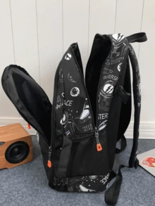 1pc Large Capacity Travel Backpack, Laptop Backpack, Astronaut Printed School Bag For Primary School - Black - View 4