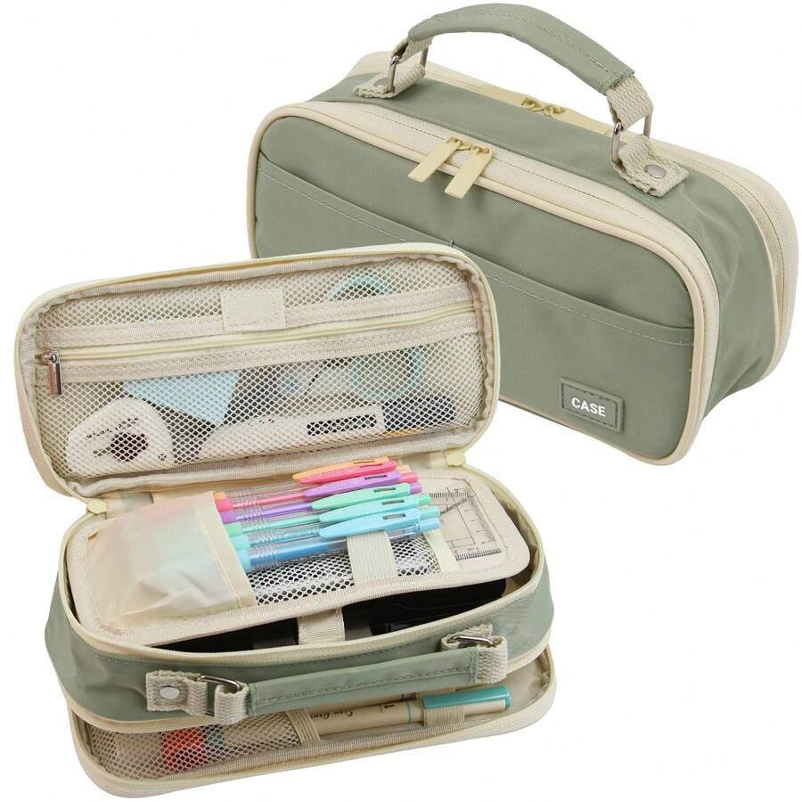 Dual Side Pencil Case Large Capacity Pencil Case Organizer; Double Zipper Storage Bag; Big Pencil Pouch - 綠色 - 查看 1